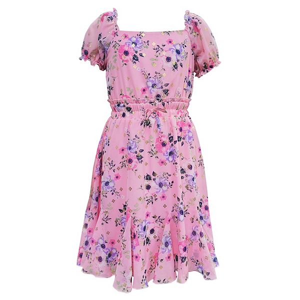Girls 7-20 Three Pink Hearts Floral Chiffon Dress with Necklace in ...