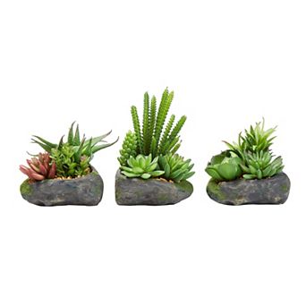 Pure Garden Faux Succulent Plant Arrangements in Faux Stone Pots Table Decor, 3 pc Set
