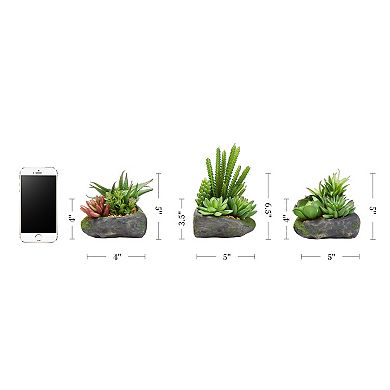 Pure Garden Faux Succulent Plant Arrangements in Faux Stone Pots Table Decor, 3-Piece Set