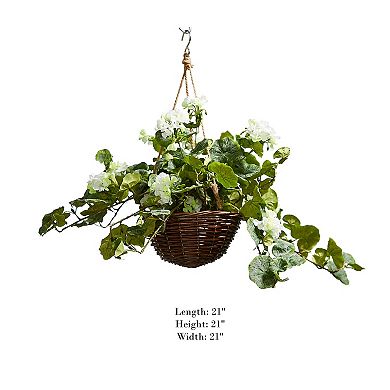 Pure Garden Artificial White Geranium Hanging Basket Wall Decor