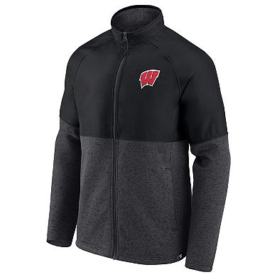 Men's Fanatics Branded Black/Heathered Charcoal Wisconsin Badgers Durable Raglan Full-Zip Jacket