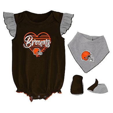 Girls Newborn & Infant Brown/Heathered Gray Cleveland Browns All The Love Bodysuit Bib & Booties Set