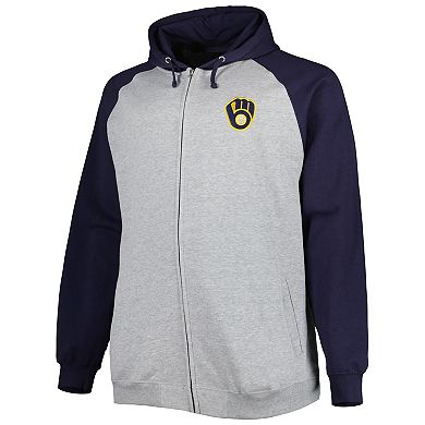 Men's Heather Gray/Navy Milwaukee Brewers Big & Tall Raglan Hoodie Full-Zip Sweatshirt