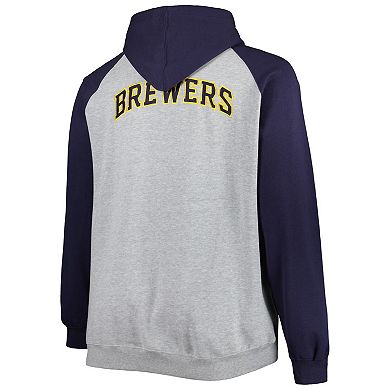 Men's Heather Gray/Navy Milwaukee Brewers Big & Tall Raglan Hoodie Full-Zip Sweatshirt