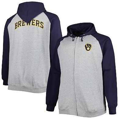 Men's Heather Gray/Navy Milwaukee Brewers Big & Tall Raglan Hoodie Full-Zip Sweatshirt