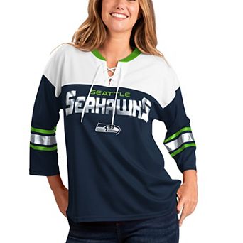 Women's G-III 4Her by Carl Banks College Navy/White Seattle Seahawks Double Team Three-Quarter Sleeve Lace-Up T-Shirt