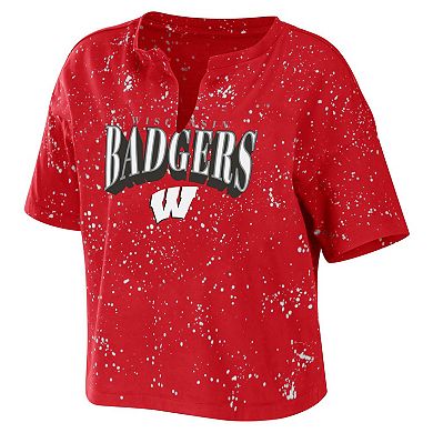 Women's WEAR by Erin Andrews Red Wisconsin Badgers Bleach Wash Splatter Cropped Notch Neck T-Shirt