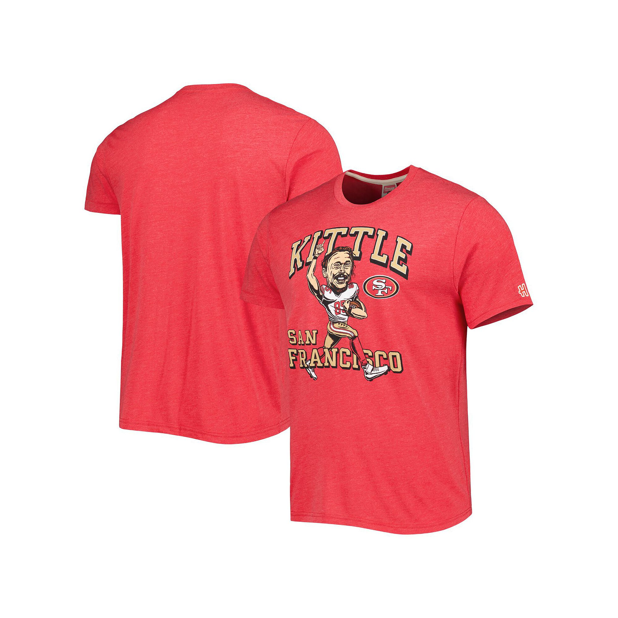 Mens Homage George Kittle Heathered Scarlet San Francisco 49ers Caricature