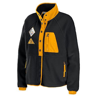 Women's WEAR by Erin Andrews Black Pittsburgh Steelers Polar Fleece Raglan Full-Snap Jacket