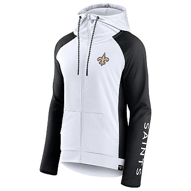Women's Fanatics Branded White/Black New Orleans Saints End Around Raglan Full-Zip Hoodie