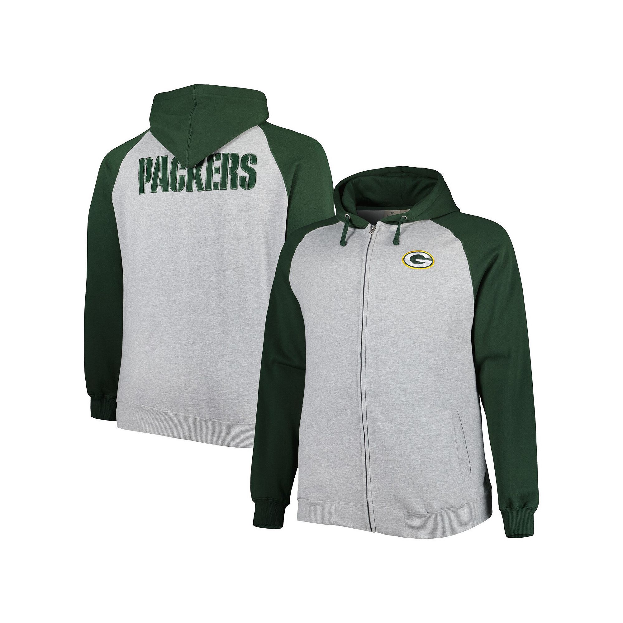 Mens Heather Gray Green Bay Packers Big & Tall Fleece Raglan Full-Zip Hood