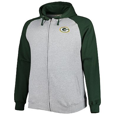 Men's Heather Gray Green Bay Packers Big & Tall Fleece Raglan Full-Zip Hoodie Jacket