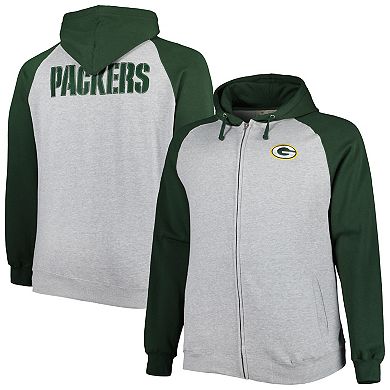 Men's Heather Gray Green Bay Packers Big & Tall Fleece Raglan Full-Zip Hoodie Jacket