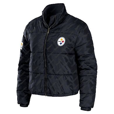 Women's WEAR by Erin Andrews Black Pittsburgh Steelers Puffer Full-Zip Cropped Jacket