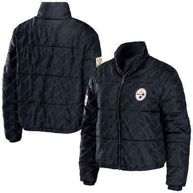Women's WEAR by Erin Andrews Black Pittsburgh Steelers Puffer Full-Zip Cropped Jacket