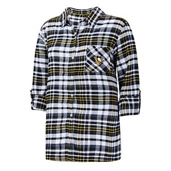 Women's Concepts Sport Black Pittsburgh Penguins Mainstay Flannel Full-Button Three-Quarter Sleeve Nightshirt