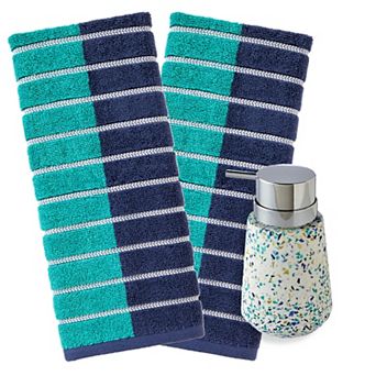 SKL Home Colorblock Striped Hand Towel & Good Vibes Speckled Terrazo Soap Pump Set
