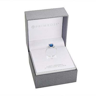 PRIMROSE Sterling Silver Simulated Sapphire Cubic Zirconia Cushion Ring