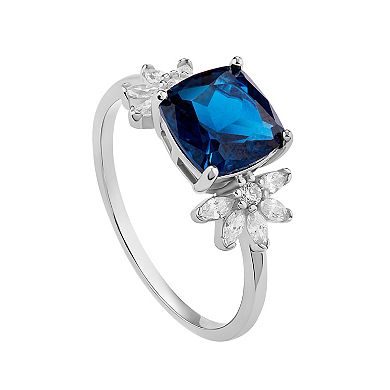 PRIMROSE Sterling Silver Simulated Sapphire & Cubic Zirconia Cushion Ring
