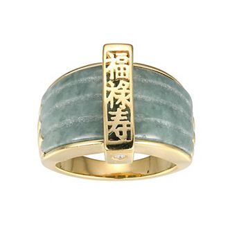 Dynasty Jade 18k Gold Over Sterling Silver Green Jade & Lab-Created White Sapphire "Good Fortune" Ring