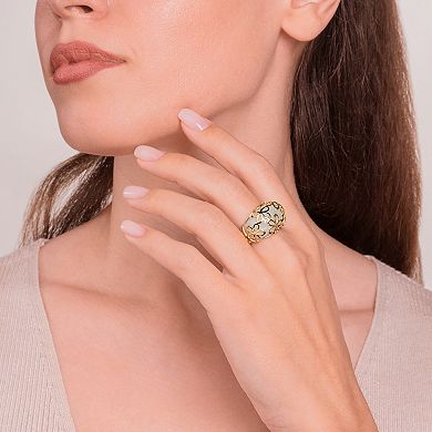 18k Gold Over Sterling Silver Green Jade Flower Overlay Ring