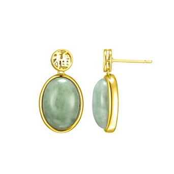 Dynasty Jade 18k Gold Over Sterling Silver "Good Fortune" Green Jade Drop Earrings