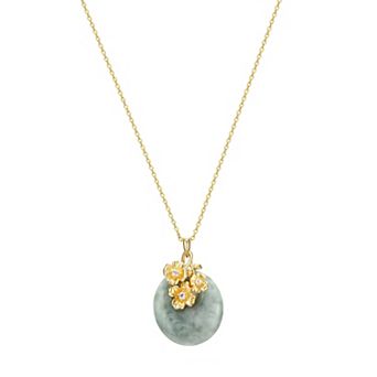 Dynasty Jade 18k Gold Over Sterling Silver Green Jade & White Topaz Flower Pendant Necklace