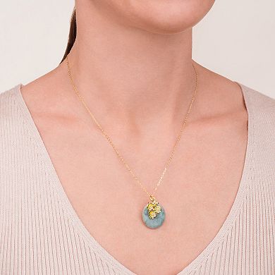 18k Gold Over Sterling Silver Green Jade & White Topaz Flower Pendant Necklace