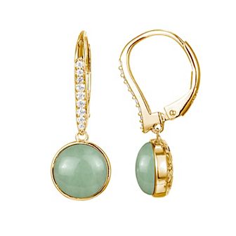 Dynasty Jade 18k Gold Over Sterling Silver Green Jade & Cubic Zirconia Leverback Drop Earrings