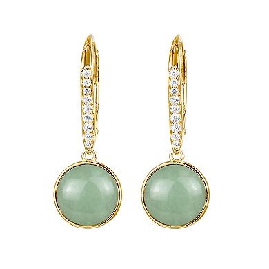 18k Gold Over Sterling Silver Green Jade & Cubic Zirconia Leverback Drop Earrings