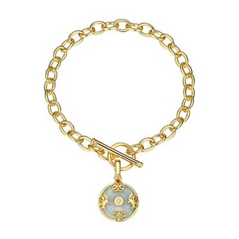 Dynasty Jade 18k Gold Over Silver "Good Fortune" Green Jade Charm Link Bracelet