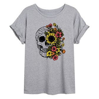 Juniors' Skull & Flowers Oversized Graphic Tee