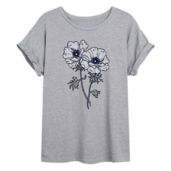 Juniors' Anemone Flower Oversized Graphic Tee