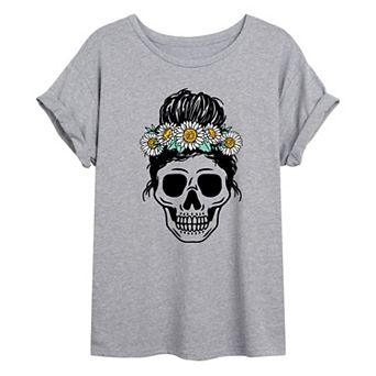 Juniors' Skull Flower Crown Oversized Graphic Tee