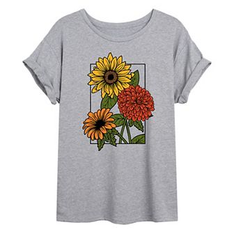 Juniors' Vintage Fall Flowers Oversized Graphic Tee