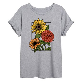 Juniors' Vintage Fall Flowers Oversized Graphic Tee