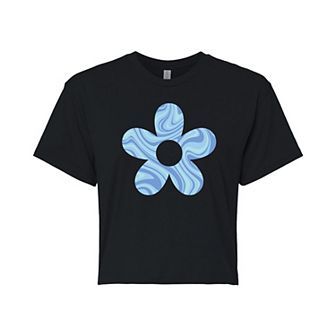 Juniors' Blue Marble Flower Cropped Tee