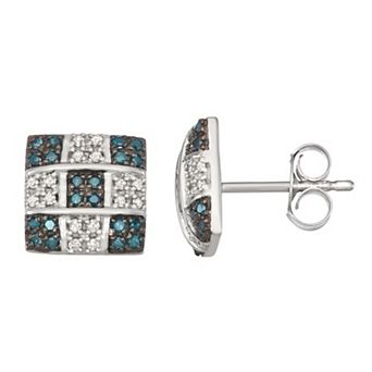 HDI Sterling Silver 1/3 Carat T.W. Diamond Blue & White Diamond Checkerboard Stud Earrings