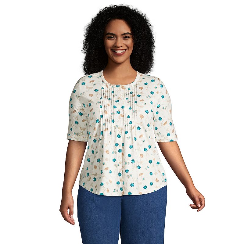 Plus Size Lands End Elbow-Sleeve Pintuck Blouse, Womens, Size: 1XL, White