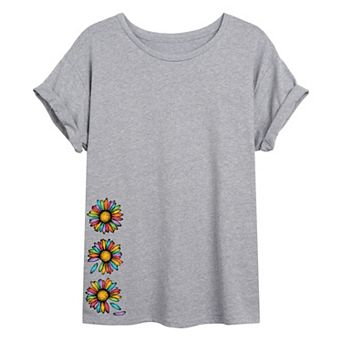Juniors' Rainbow Daisies Oversized Graphic Tee