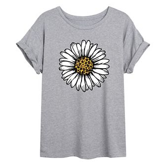 Juniors' Leopard Daisy Oversized Graphic Tee