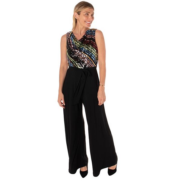 GABBY SKYE Women's Embroidered Mesh Jumpsuit - Round Neck, Sleeveless, Pleated Crepe Pants, Elegant One-Piece