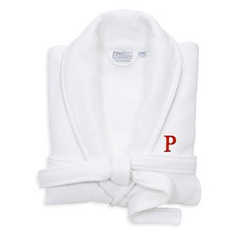 Linum Home Textiles Turkish Cotton Personalized Satin Piped Trim Waffle Terry White Bathrobe