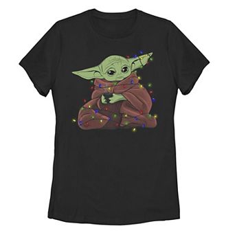 Juniors' Star Wars The Mandalorian Grogu In Christmas Lights Graphic Tee