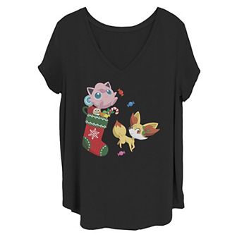 Juniors' Plus Size Pokémon Christmas Stocking Jigglypuff & Fennekin Graphic Tee