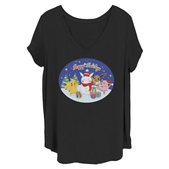 Juniors' Plus Size Pokémon "Happy Holidays" Group Snowman Graphic Tee