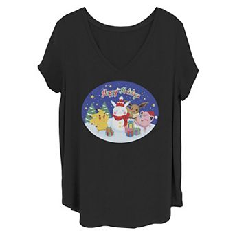 Juniors' Plus Size Pokémon "Happy Holidays" Group Snowman Graphic Tee