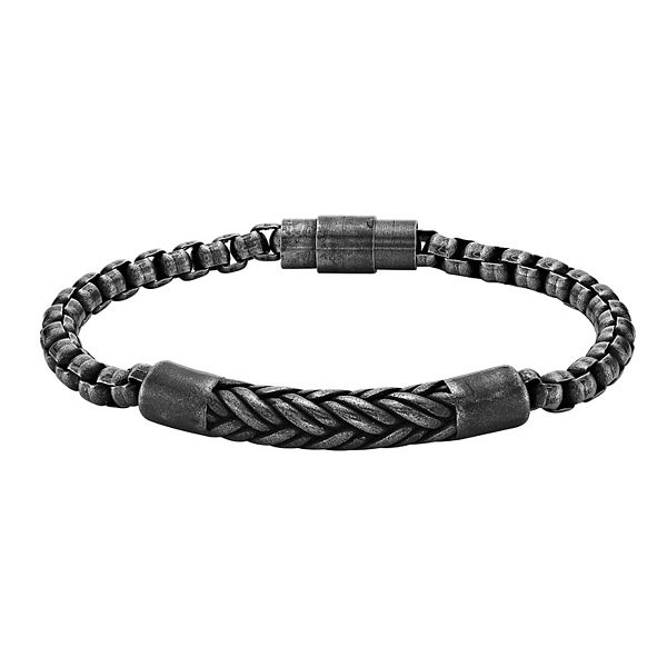 Mens Lynx Stainless Steel Black Ion Plated Antiqued Box Chain Bracelet 8718