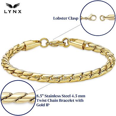 Men's LYNX Stainless Steel Gold Tone Ion Plated 4.5mm Twist Chain Bracelet