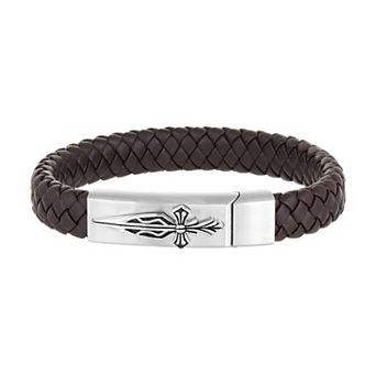 Men's LYNX Stainless Steel Sword Clasp Braided Brown Leather Bracelet